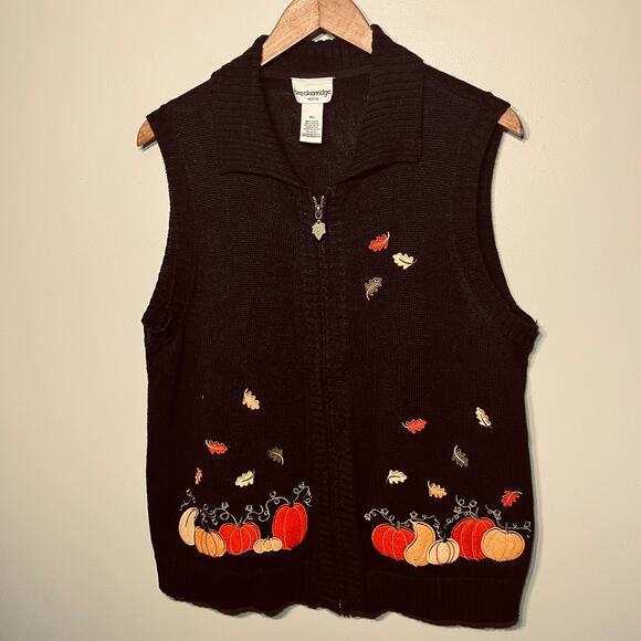 VTG Breckenridge Petite Sweater Vest Black Zip Orange Pumpkin Fall Leaves PXL - Picture 1 of 8